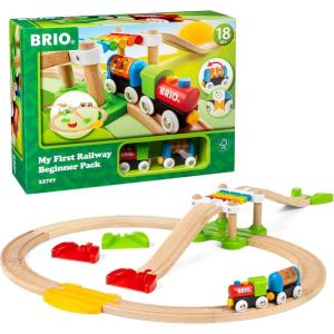 imageBRIO My First Railway Beginner Pack  18Piece FSCCertified Wood Train Set  Compatible with All BRIO Sets  Includes Rainbow Bridge ampamp Rattle Wagon  Safe Play  Toddlers Ages 18 Months ampamp OlderRailway