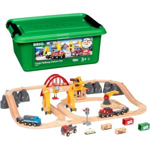imageBRIO World Cargo Railway Deluxe  Wooden Track Train Set  BatteryPowered Engine 3 Cranes Bridge Truck  Kids Ages 3  Compatible with All Wooden Rail Sets  FSC Certified Wood  54PiecesCargo Railway