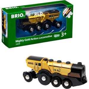 imageBRIO World Mighty Golden Action Locomotive  Battery Operated Toy Train for Wooden Track  Motorized Train with Lights ampamp Sound  Works with All BRIO Sets  Exciting Interactive Play  Ages 3 ampamp UpLocomotive
